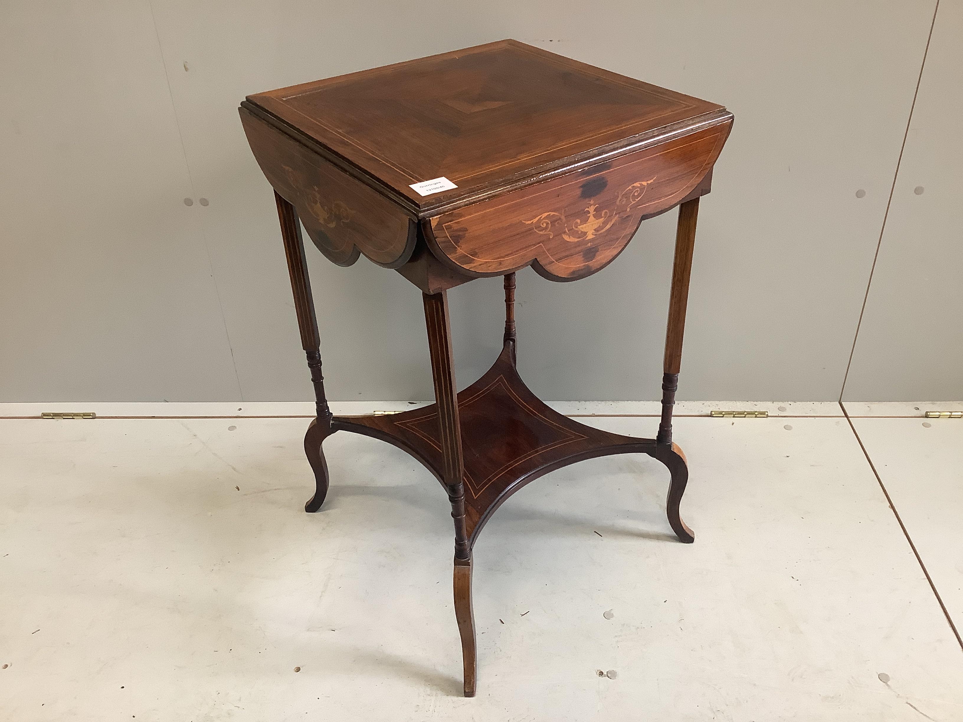 An Edwardian inlaid rosewood drop flap two tier centre table, width 46cm, depth 46cm, height 74cm